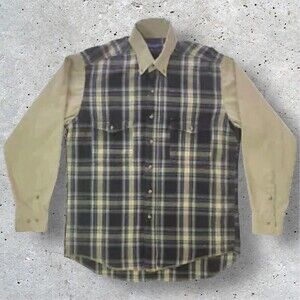 Wrangler Western Mens Large 16-34 Button Down Shirt X-long Tail Plaid Beige/Blue